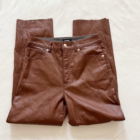 EXPRESS Straight Super High Rise Crop Brown Vegan Faux Leather Pant - Picture 2 of 6